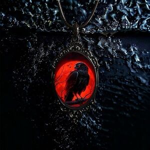 Gothic Crow Red Moon Cameo Style Black Pendant Necklace
